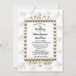 Chic White Pearl Butterfly Wedding Invitation