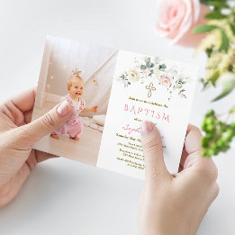 Chic White Pink Floral Gold Girl Photo Baptism Invitation