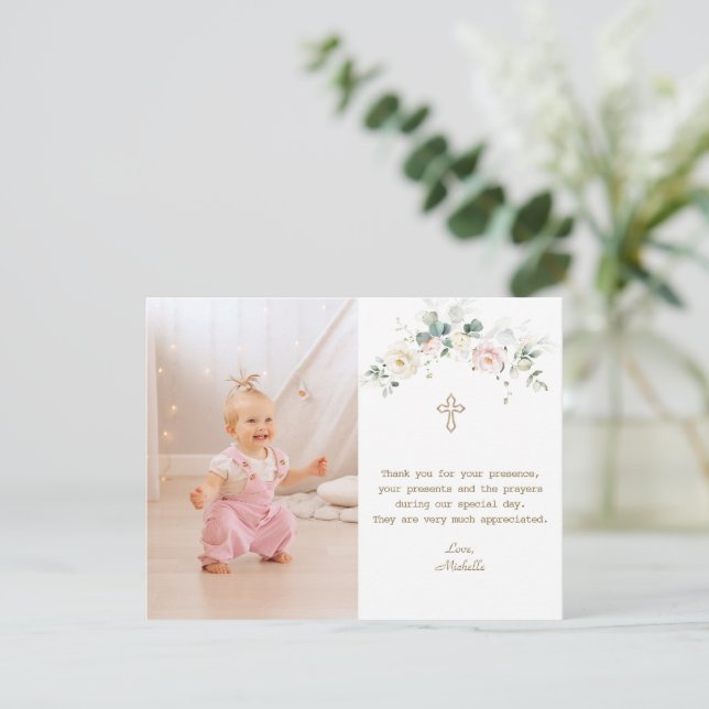 Chic White Pink Floral Gold Girl Photo Baptism  Thank You Card (Standing Front)