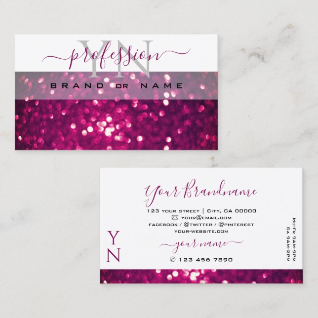 Chic White Pink Purple Sparkling Glitter Monogram Business Card (Front/Back)