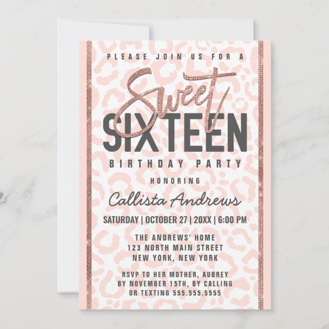 Chic White Pink Rose Gold Glitter Cheetah Sweet 16 Invitation (Front)