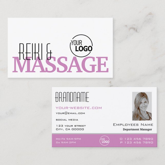 Chic White Pink Stylish Simple with Logo and Photo Business Card (Front/Back)