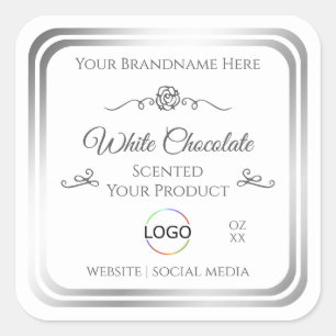 Chic White Product Label Silver Frame with Logo