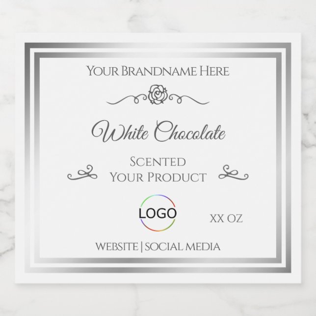 Chic White Product Label Silver Frame with Logo (Single Label)