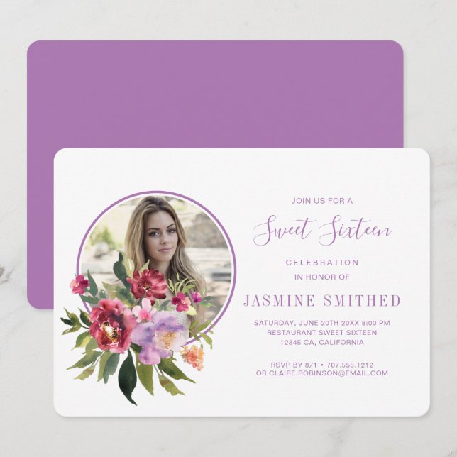 Chic White Purple Floral Themed Photo Sweet 16 Invitation (Front/Back)