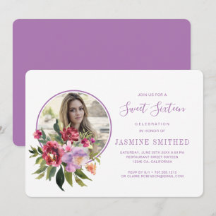 Chic White Purple Floral Themed Photo Sweet 16 Invitation