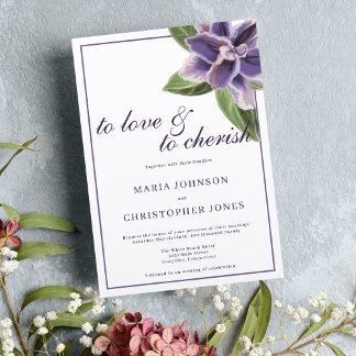 Chic white purple lavender orchid floral wedding invitation