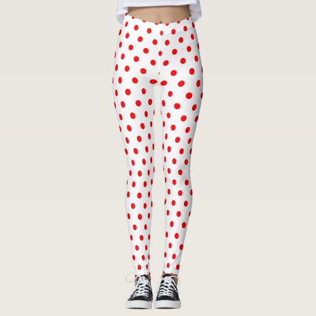 Chic White Red Polka Dot Pattern Leggings (Front)