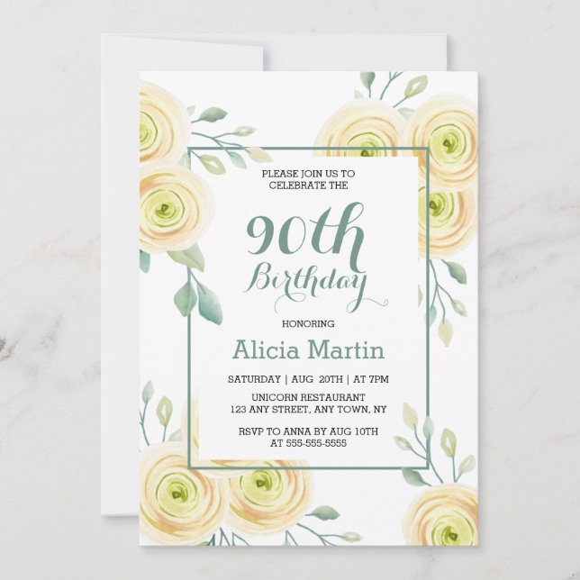 Chic White Rose Eucalyptus Greenery 90th Birthday Invitation (Front)