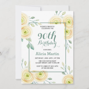 Chic White Rose Eucalyptus Greenery 90th Birthday Invitation
