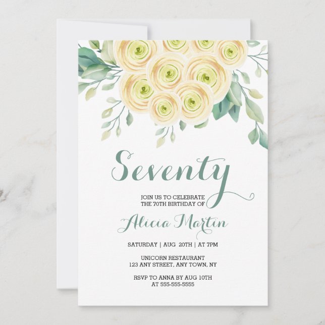 Chic White Rose Flora Greenery 70th Birthday Invitation (Front)