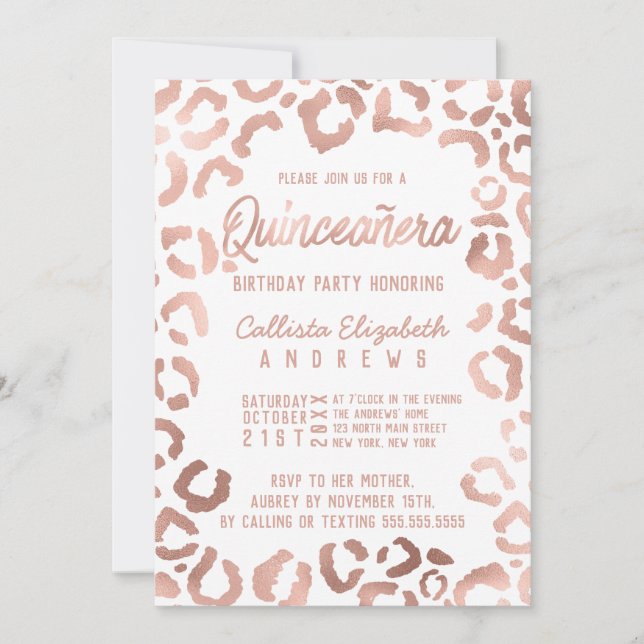 Chic White Rose Gold Cheetah Leopard Quinceañera Invitation (Front)