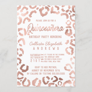 Chic White Rose Gold Cheetah Leopard Quinceañera Invitation