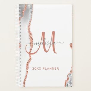 Chic White Rose Gold Glitter Agate Monogram 2023 Planner