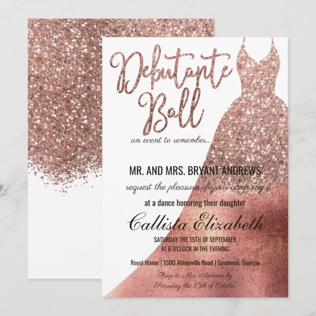 Chic White Rose Gold Glitter Dress Debutante Dance Invitation (Front/Back)