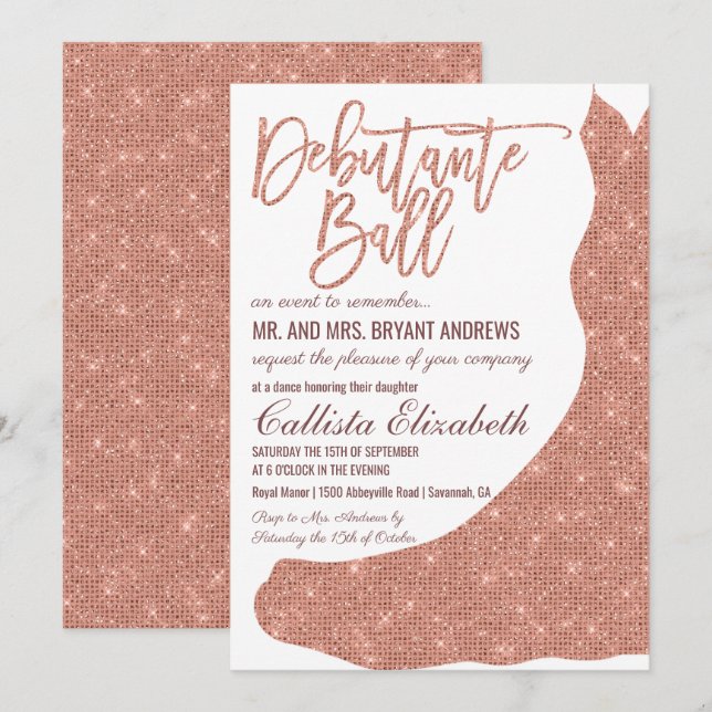 Chic White Rose Gold Glitter Dress Debutante Dance Invitation (Front/Back)