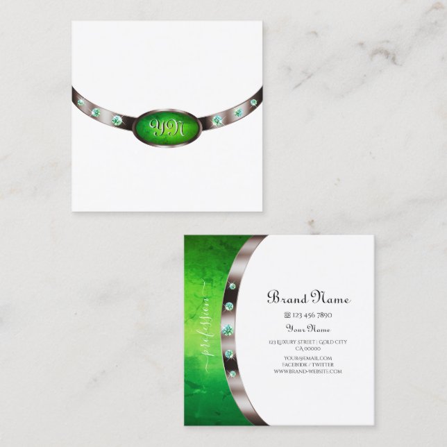Chic White Rose Gold Green Marble Jewels Monogram Square Business Card (Front/Back)