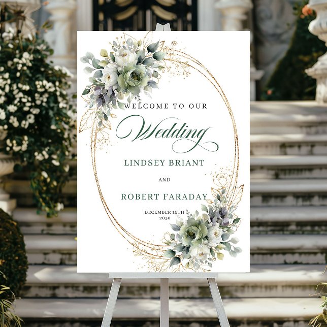 Chic White Roses Botanical Wedding Welcome Sign (Chic White Roses Botanical Wedding Welcome Sign)