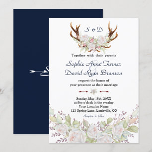 Chic White Roses Burgundy Antlers Navy Wedding Invitation