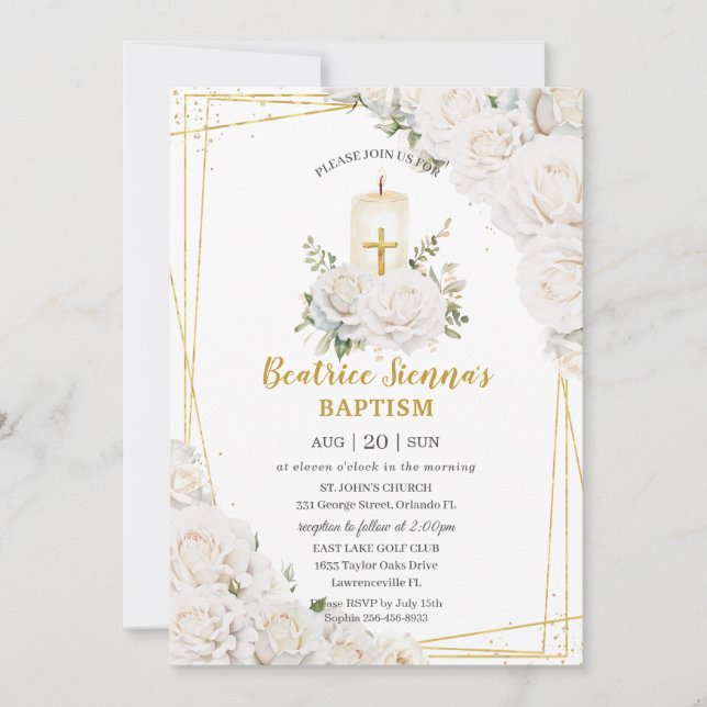 Chic White Roses Floral Baptism Christening Candle Invitation (Front)
