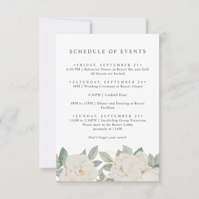 CHIC WHITE ROSES FLOWERS Spring SCHEDULE OF EVENTS Invitation (Front)