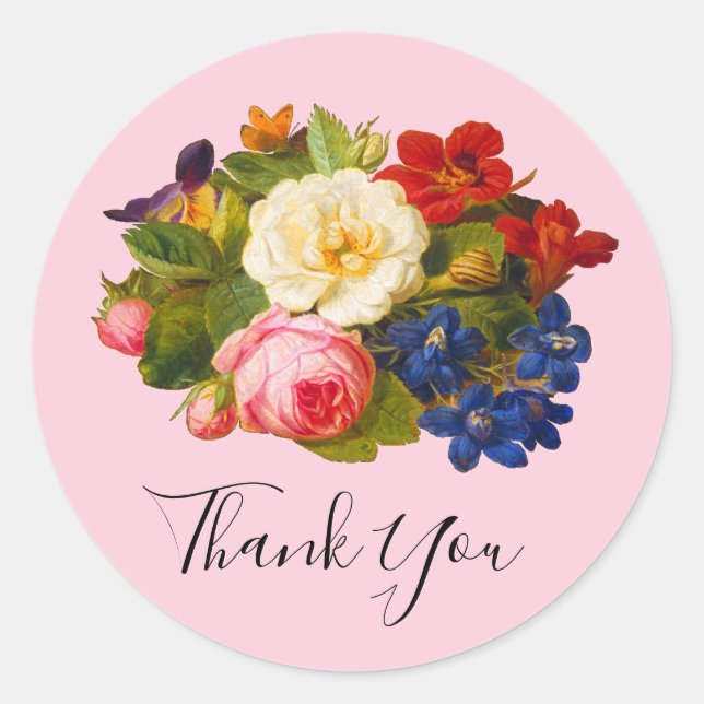 Chic White Roses Red Orange Blue Floral Butterfly Classic Round Sticker (Front)