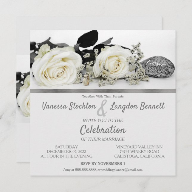 Chic White Rose's Wedding Invitation (Front/Back)