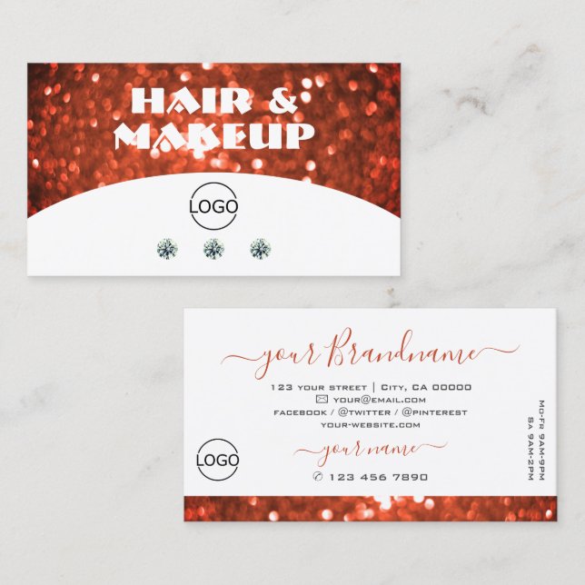 Chic White Salmon Orange Sparkle Glitter with Logo Business Card (Front/Back)