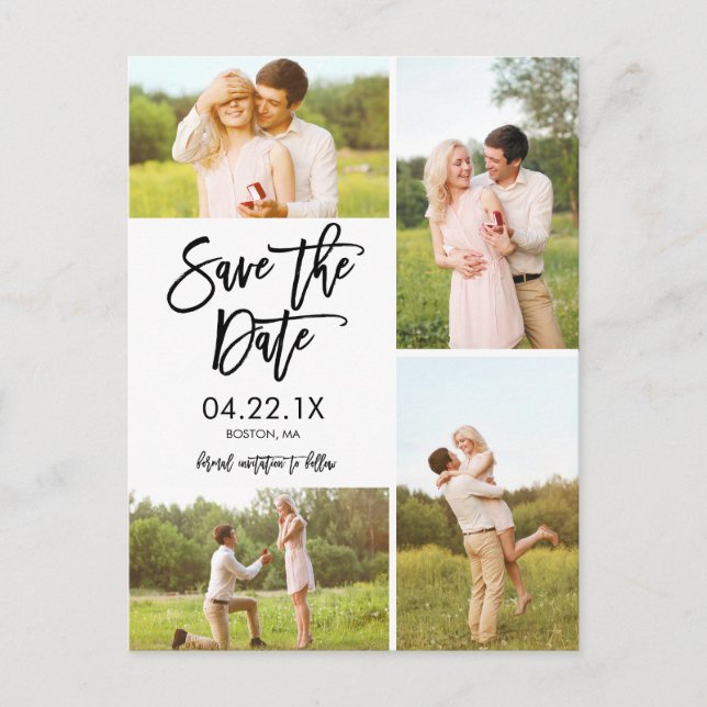 Chic White Save The Date 4-Photo Collage Announcement Postcard (Front)