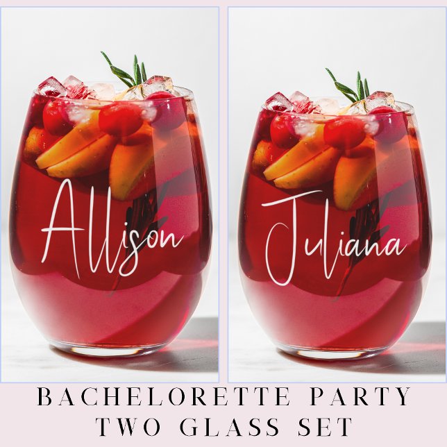 Chic White Script Bachelorette Party Wedding Stemless Wine Glass (Creator Uploaded)