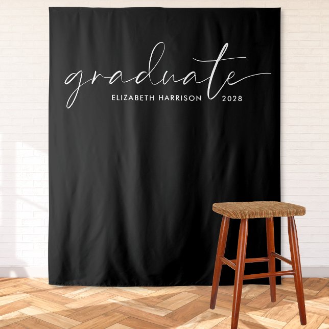 Chic White Script Black Graduation Backdrop Tapestry (Creator Uploaded)