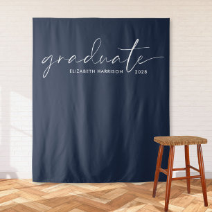 Chic White Script Blue Graduation Backdrop Tapestry