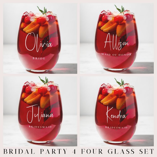 Chic White Script Bridal Party Wedding Stemless Wine Glass (Creator Uploaded)