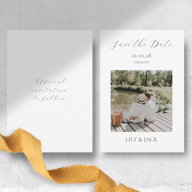 Chic White Script Couple Photo Save The Date Card (Creator Uploaded)