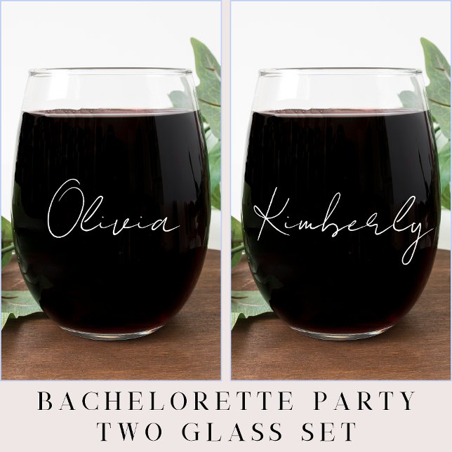 Chic White Script Monogram Bachelorette Party Stemless Wine Glass (Creator Uploaded)