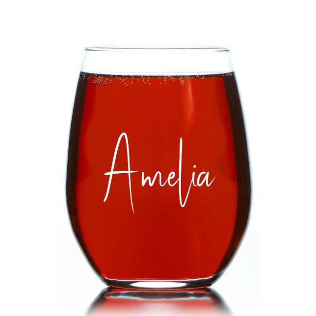 Chic White Script Monogram Stemless Wine Glass (Creator Uploaded)