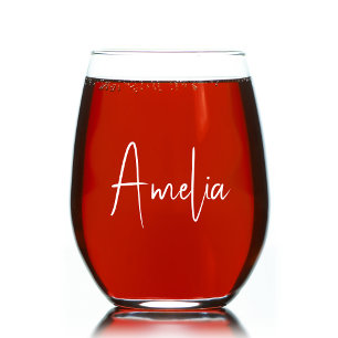 Chic White Script Monogram Stemless Wine Glass