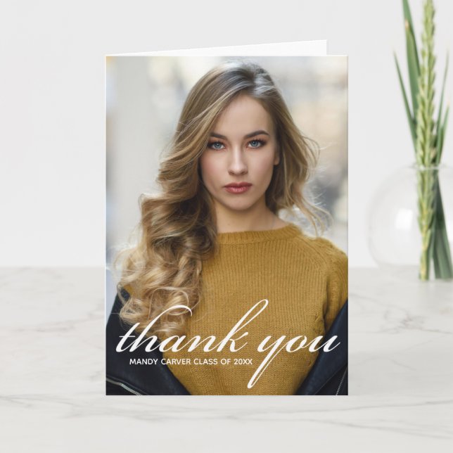 Chic White Script Overlay 2024 Graduate Photo Thank You Card (Front)