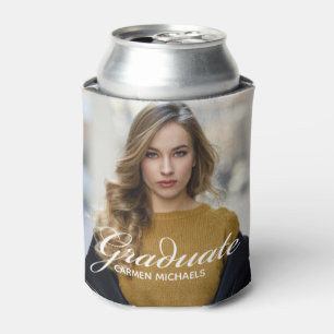 Chic White Script Overlay Graduate Photo Party Can Cooler