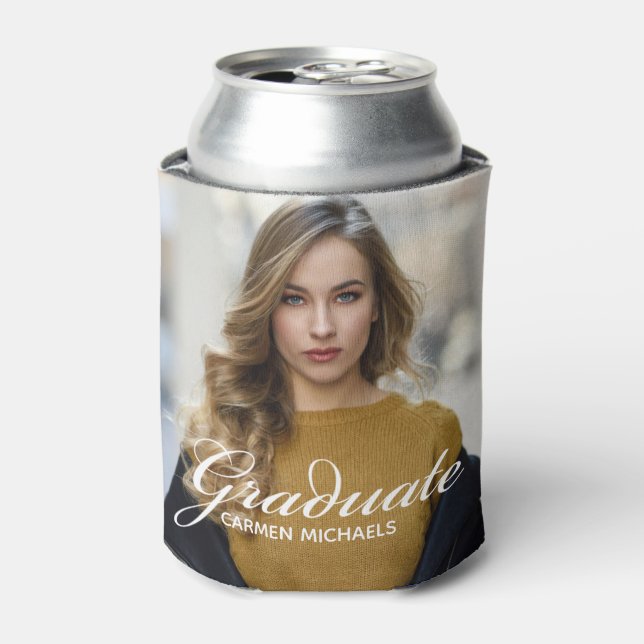 Chic White Script Overlay Graduate Photo Party Can Cooler (Can Front)