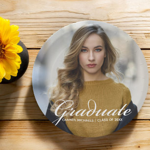 Chic White Script Overlay Graduate Photo Party Paper Plate