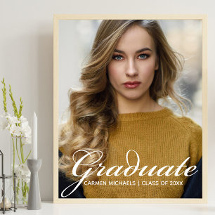 Chic White Script Overlay Graduate Photo Party Poster