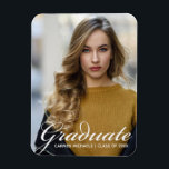 Chic White Script Overlay Modern Graduate Photo Magnet<br><div class="desc">Graduate is written in simple white script over your senior portrait photo for a modern graduation announcement magnet. Customise with your name and high school or university class year under the cursive typography. A beautiful magnetic card.</div>
