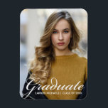 Chic White Script Overlay Modern Graduate Photo Magnet<br><div class="desc">Graduate is written in simple white script over your senior portrait photo for a modern graduation announcement magnet. Customise with your name and high school or university class year under the cursive typography. A beautiful magnetic card.</div>