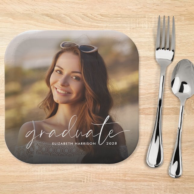 Chic White Script Photo Overlay Graduation Party Paper Plate (Creator Uploaded)