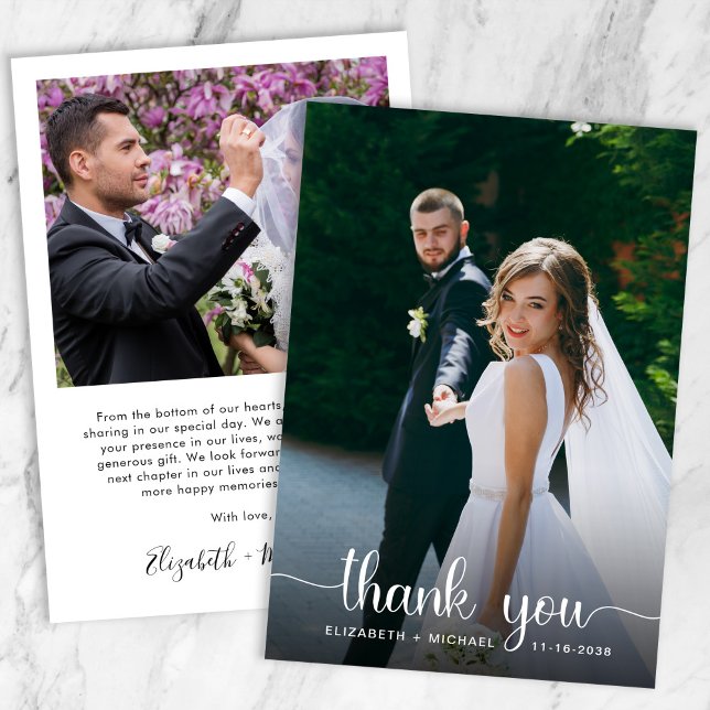 Chic White Script Photo Overlay Wedding Thank You Card (Creator Uploaded)