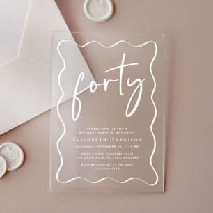 Chic White Script Wavy Frame 40th Birthday Party Acrylic Invitations
