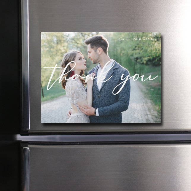 Chic White Script Wedding Photo Thank You Magnet (Creator Uploaded)