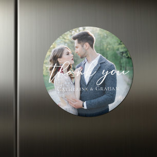 Chic White Script Wedding Photo Thank You Magnet