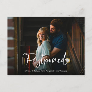Chic White Script Wedding Postponed Announcement Postcard